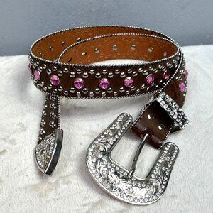 Blazin Roxx Western Cowgirl Belt M Rhinestones Studs Brown Leather Distressed